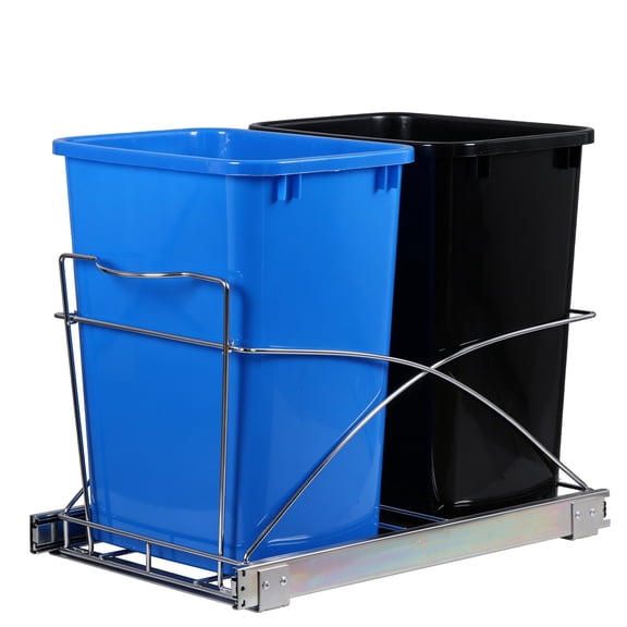 Chenshuoo Double Pull Out Trash Can for Kitchen Cabinets 35-Quart Under Sink Garbage Sliding Waste and Recycling Bins with Chrome Wire Bottom Mount, 44 lbs Load Capacity, Black & Blue