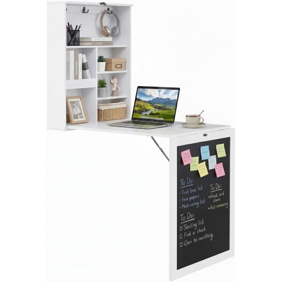 Chenshuoo Foldable Wall-Mounted Desk, Floating Desk with Chalkboard, Storage Shelves & Hooks, Space-Saving Murphy Table for Home Office, Bedroom, Dorm Room, Small Spaces
