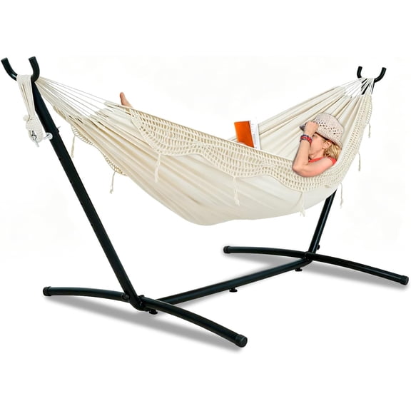 Chenshuoo Hammocks 9FT Double Hammock with Sturdy Steel Stand and Durable Fabric, Camping Lace Hammocks Include Portable Carrying Case, 450 LBS Capacity