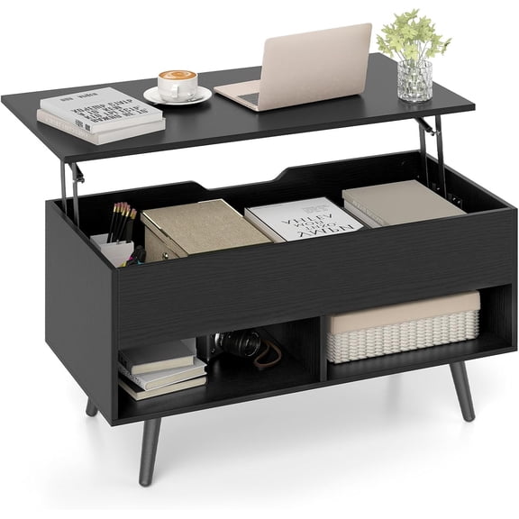 Chenshuoo Lift Top Coffee Table, Modern Cocktail Table w/Hidden Compartment & 2 Open Shelves, Flip Top Center Table, Wooden Pull up Coffee Table for Living Room, Reception Room, Office (Black)