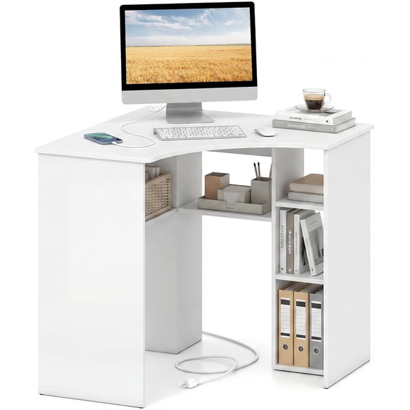 Chenshuoo White Corner Desk with Charging Station, 90-Degree Triangle Computer Desk with Ergonomic Curved Edge & Open Storage Shelves, Writing Study Desk for Small Spaces Home Office