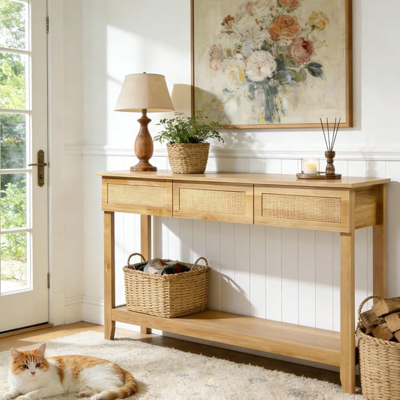 Chenshuoo home Console Table, Rattan Entryway Table with Storage Narrow Long, w/3 Drawers & Storage Shelf, Sofa Table Foyer Hallway Behind Couch Table for Living Room, Natural Wood
