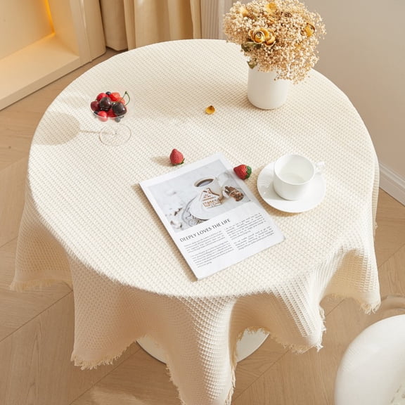 Chenweizhi Beige Table Cover, Luxury Dustproof Table Pad,Beige Waffle, Stain Resistant Washable Blended Fabric Protector for Home Kitchen Dining Decor, 35.43*59.06 Inch, 1 Pack