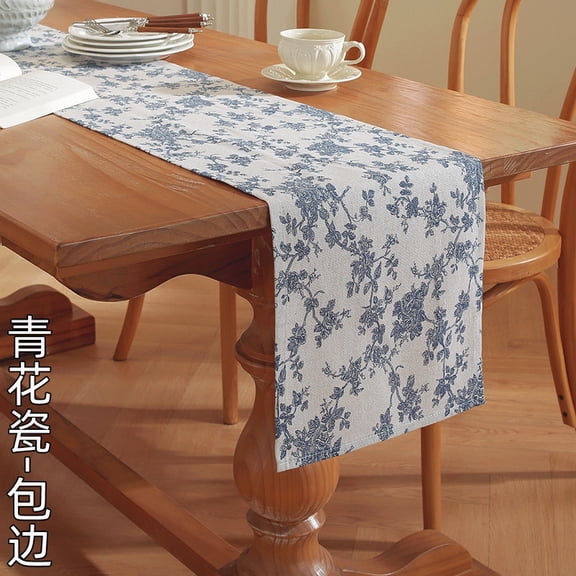 Chenweizhi Blue and White Porcelain Pattern Table Runner with Finished Edges, Cotton Linen Tea Flag for Sideboard & Dining Table Decor, 11.81*108.27 Inch Reusable Rectangular Table Flag, 1 Piece
