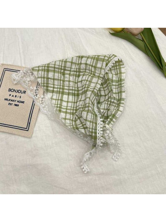 Green Plaid Streamer Head Scarf, Soft Lace Triangle Bandana, Multipurpose Decorative Hair Ribbon Scarf, Stylish Checkered Floatingstrap Headband, 1Piece Lightweight Decor Accessory