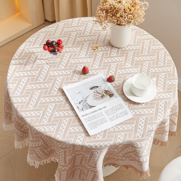 Chenweizhi Table Cover, Luxury Dustproof Table Pad,Khaki interwoven T-shaped grid, Stain Resistant Washable Blended Fabric Protector for Home Kitchen Dining Decor, 35.43*70.87 Inch, 1 Pack