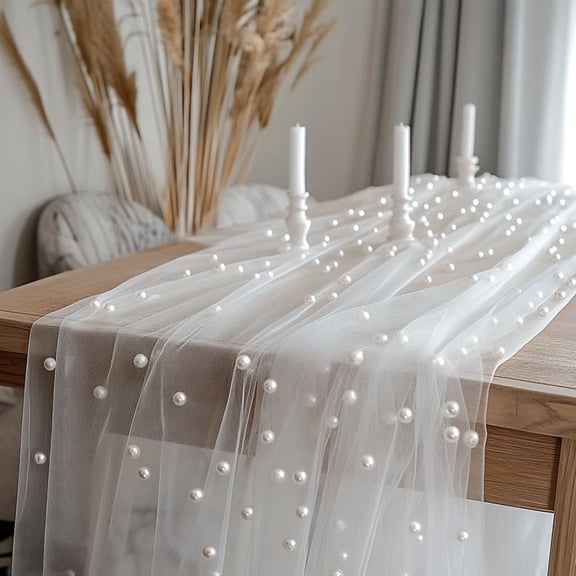Chenweizhi White Pearl Tulle Tablecloth, Decorative Table Cover for Dining Table Decoration, Sheer PearlEmbellished Tulle Table Overlay, 29.53 x 78.74 Inch, 1 Pack, Lightweight Table