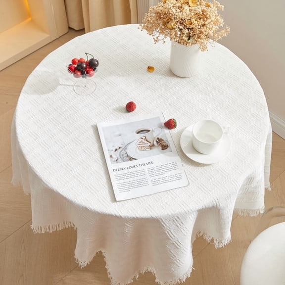 Chenweizhi White Table Cover, Luxury Dustproof Table Pad,White Well Grid, Stain Resistant Washable Blended Fabric Protector for Home Kitchen Dining Decor, 35.43*70.87 Inch, 1 Pack