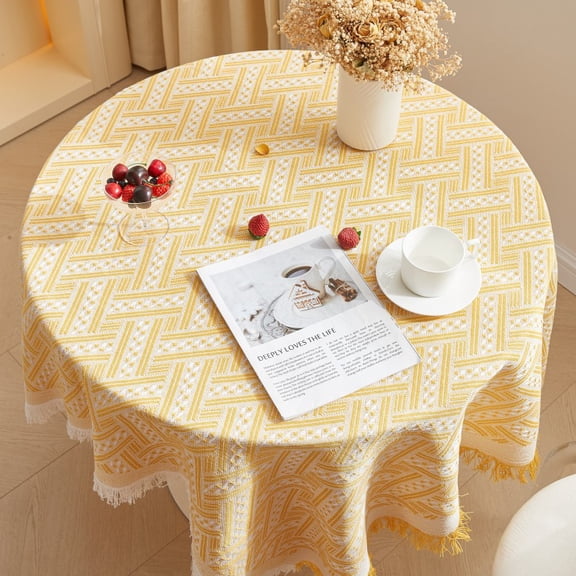 Chenweizhi yellow Table Cover, Luxury Dustproof Table Pad,Yellow and white interwoven T-pattern Resistant Washable Blended Fabric Protector for Home Kitchen Dining Decor, 35.43*70.87 Inch, 1 Pack