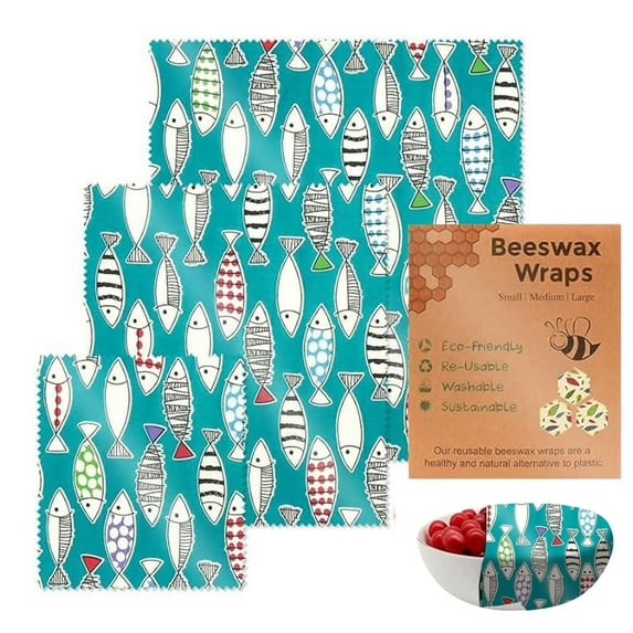 ChenyGod Reusable Beeswax Wrap - 3 Pack Eco-Friendly Beeswax Wraps for Food, Organic, Sustainable, Biodegradable, Zero Waste, Plastic-Free Food Storage Blue background fish flag three-piece set