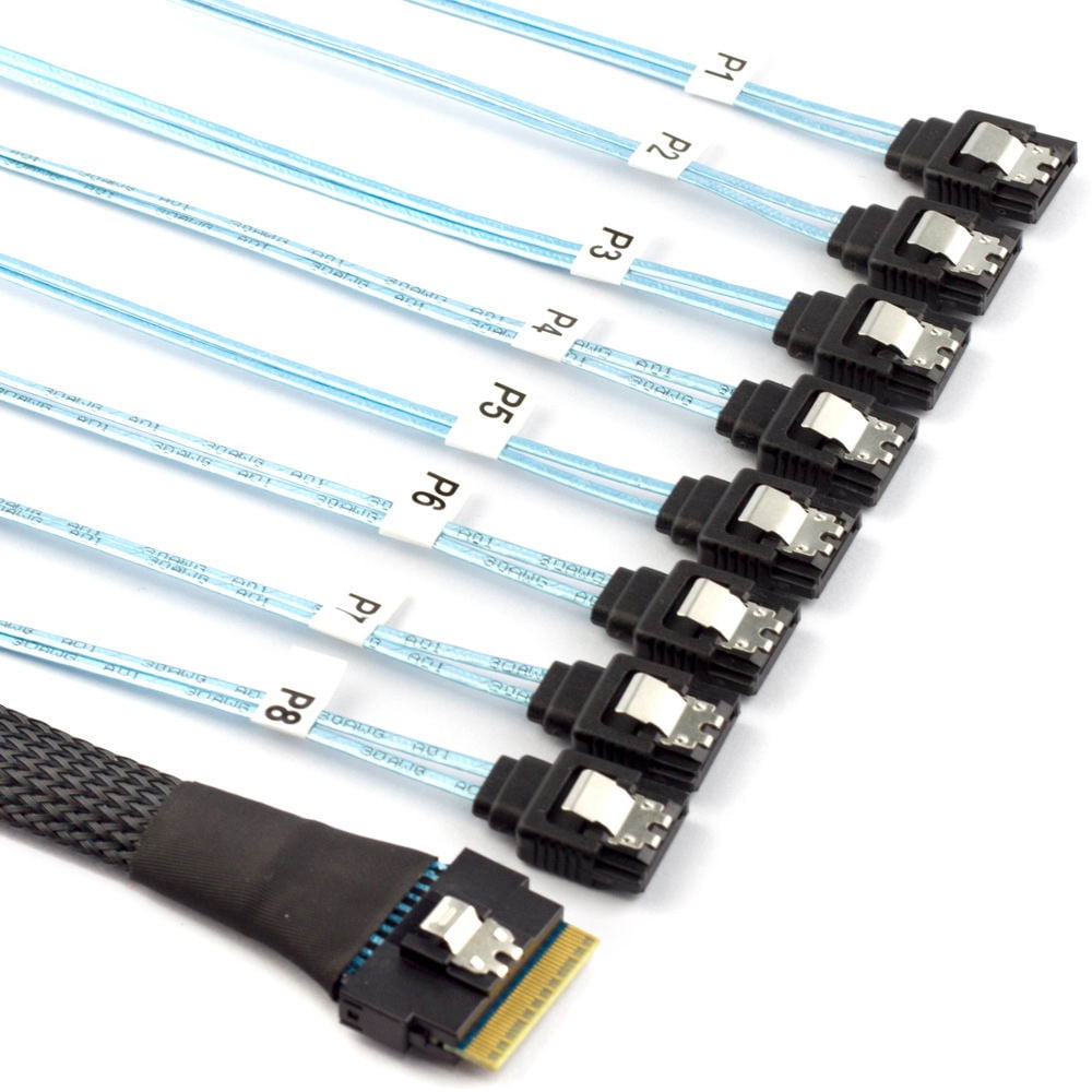 Chenyang 50CM Slimline SAS 4.0 SFF-8654 8i 74pin Host Raid to 8 SATA 7pin Target Hard Disk Fanout Raid Cable 1-to-8 Splitter