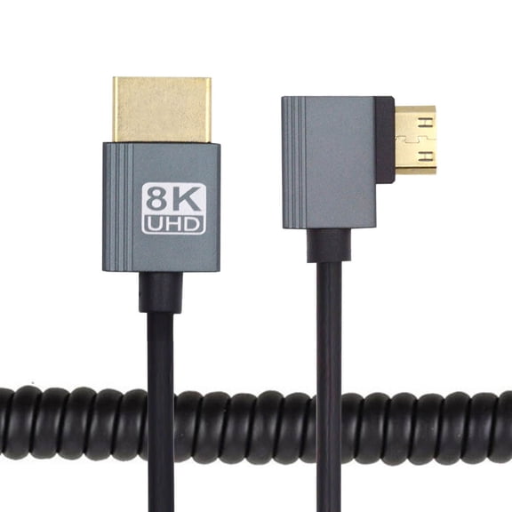 Chenyang 90 Degree Left Angled Mini HDMI 2.1 Male to HDMI Male 8K 60hz Stretch Coiled Cable 100cm for HDTV Computer Laptop Monitor