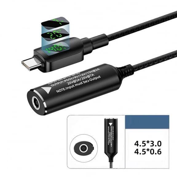 Chenyang DC Jack 4.5x3.0mm Input to USB-C Type-C Power 140W Smart LED Display Charge Cable for Laptop Phone PD9V/5V/20V/7A