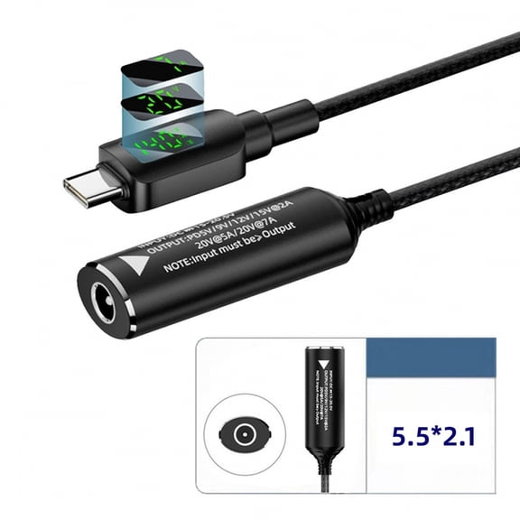 Chenyang DC Jack 5.5x2.1mm Input to USB-C Type-C Power 140W Smart LED Display Charge Cable for Laptop Phone PD9V/5V/20V/7A