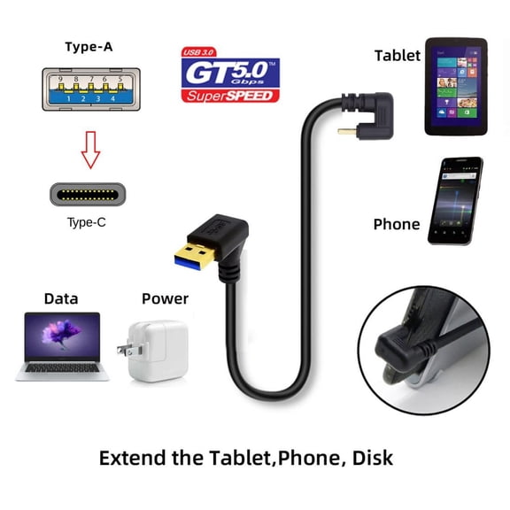 Chenyang Down Angled USB3.0 Type-A to Type C USB-C Male to Male Power Data Cable 5Gbps USB-C Opposite U Shape Back Angled