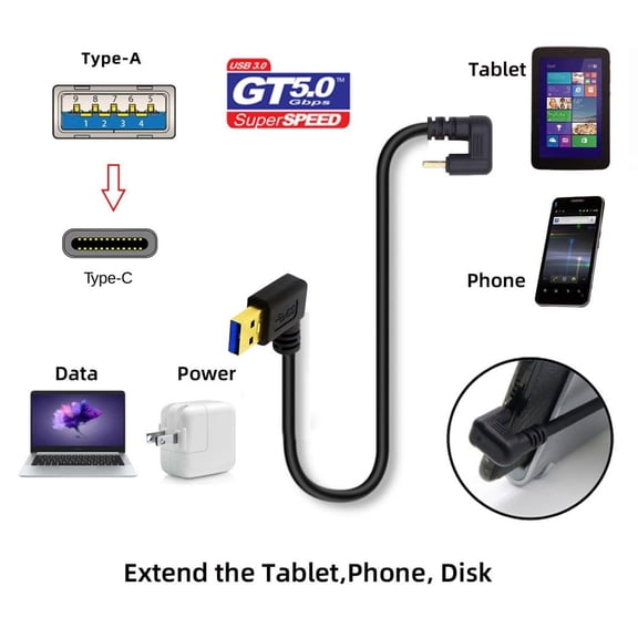 Chenyang Left Angled USB3.0 Type-A to Type C USB-C Male to Male Power Data Cable 5Gbps USB-C Opposite U Shape Back Angled