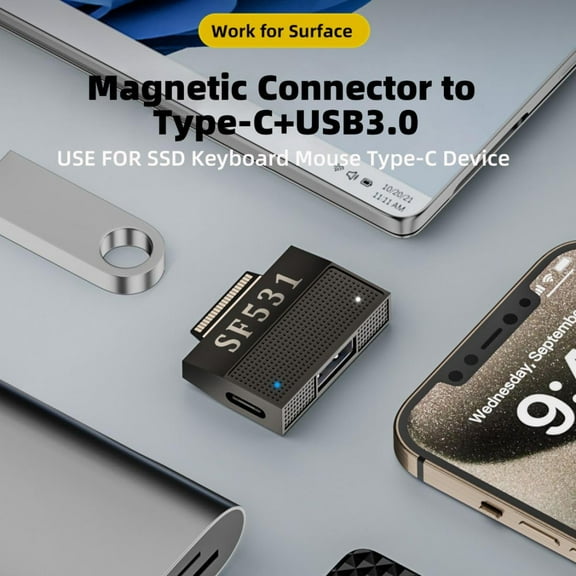 Chenyang Magnetic to USB3.1 Type-A & 15V Type-C USB-C Data Charge Adapter SF531 for Surface Pro9 Pro8 Pro7 Pro6 Pro X Go Book