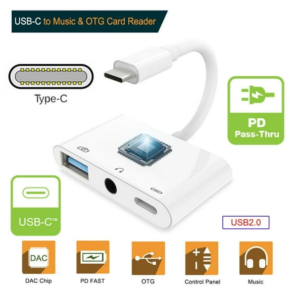 Chenyang Type C USB-C to 3.5mm Audio AUX & Type-A USB2.0 OTG Female with PD Power Charge Adapter Compatible with Laptop Tablet Phone
