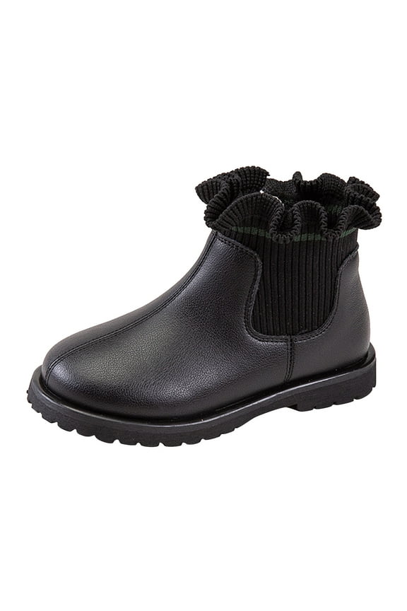Ankle Boots for Girls Knit Ruffle Slip On Casual Chunky Low Heel Short Dress Booties