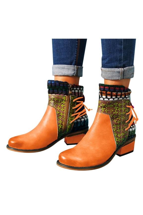 Ankle Boots for Women Block Low Heel Zip Up Fashion Embroidery Faux Leather Western Short Booties