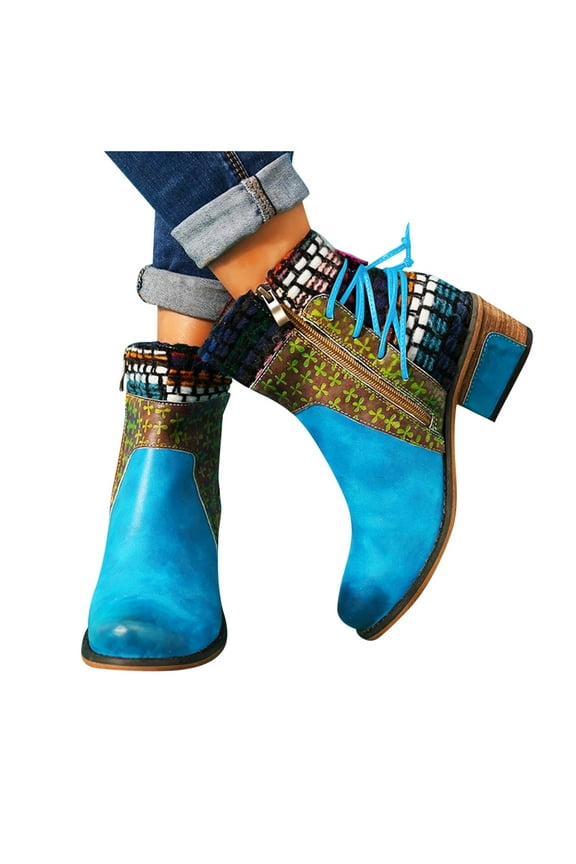 Ankle Boots for Women Block Low Heel Zip Up Fashion Embroidery Faux Leather Western Short Booties