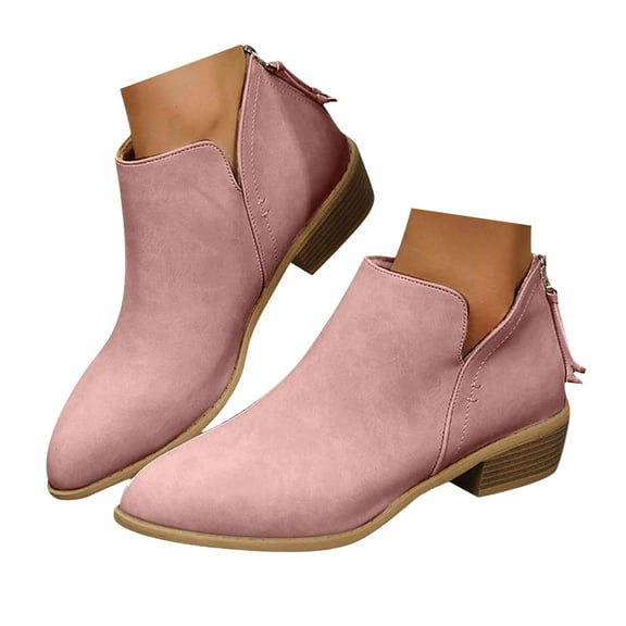 Chenyee Womens V Cutout Ankle Boots Pointed Toe Zip Up Stacked Low Heel Short Booties