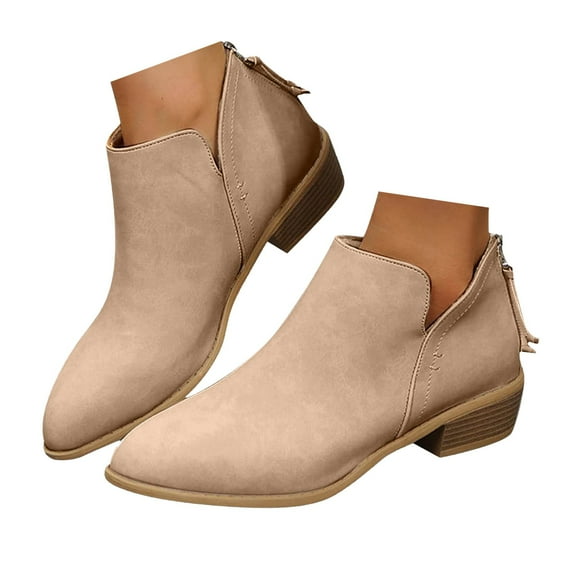 Chenyee Womens V Cutout Ankle Boots Pointed Toe Zip Up Stacked Low Heel Short Booties
