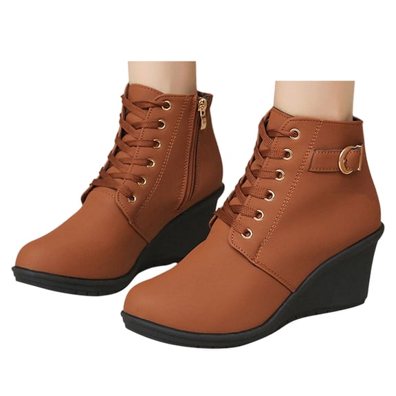 Chenyee Ankle Boots for Women Low Heel Wedge Comfortable Lace Up Suede Short Booties with Side Zipper
