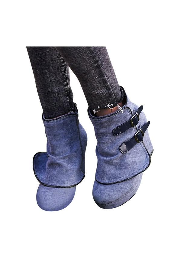 Ankle Boots for Women Vintage Buckle Strap Suede Platform Wedge Short Booties With Side Zipper