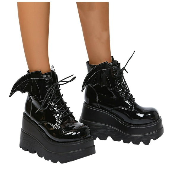 Chenyee Black Platform Ankle Boots for Women Halloween Dark Gothic Lace Up Mid Calf Combat Booties