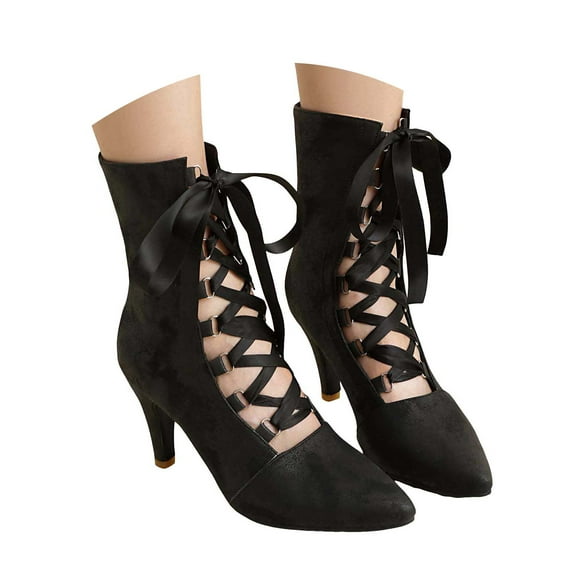 Chenyee Boots for Women Suede Hollow Out Lace Up Mid Calf Booties Braethable Dress Kitten Heels