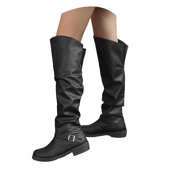 Chenyee Boots for Women Wide Calf Fashion Low Heel Knee High Foldable Slouchy Riding Booties