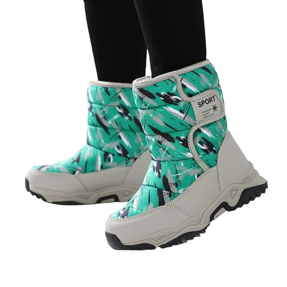 Chenyee Boys Girls Snow Boots Water-proof Hook and Loop Mid Calf Faux Fleece Linrd Winter Shoes for Kids