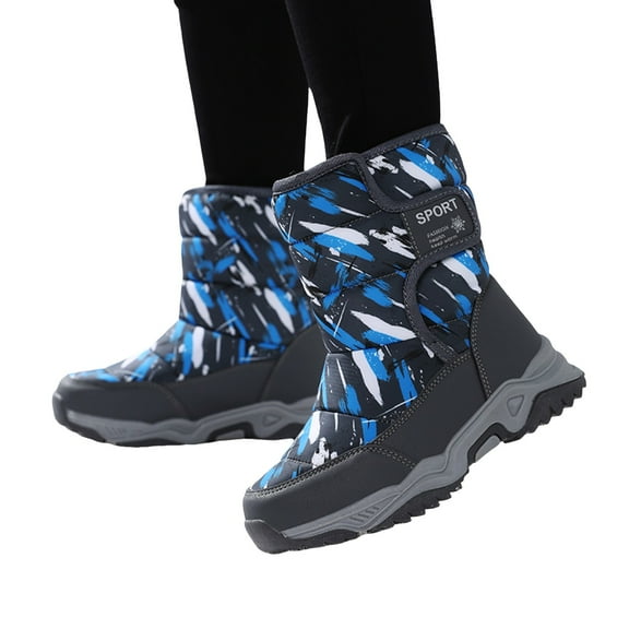 Chenyee Boys Girls Snow Boots Water-proof Hook and Loop Mid Calf Faux Fleece Linrd Winter Shoes for Kids