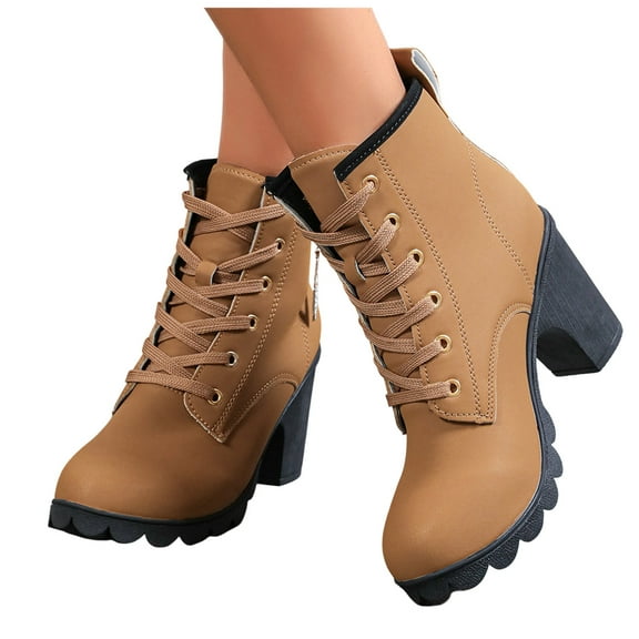 Chenyee Chunky High Heel Ankle Boots for Women Comfortable Lace Up Mid Calf Combat Booties