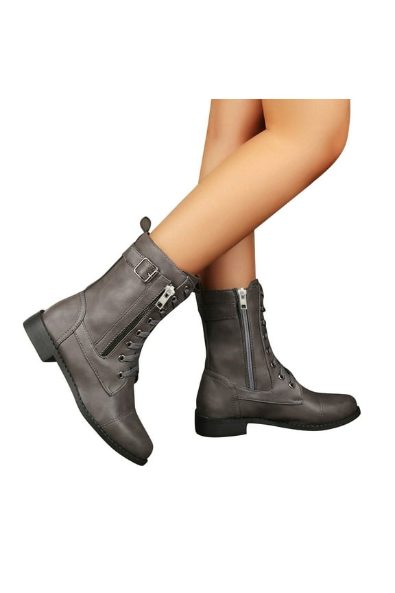 Combat Ankle Boots for Women Lace Up Pointed Toe Flat Zipper Leather Mid Calf Booties