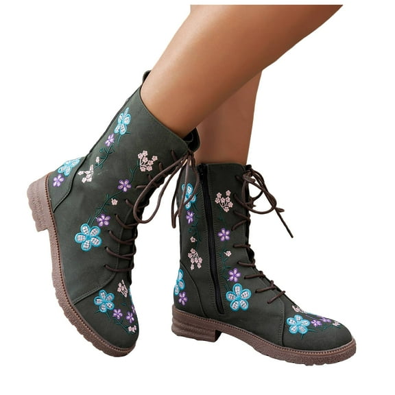 Chenyee Combat Boots for Women Vintage Embroidery Flower Lace Up Block Mid Heels Ankle Riding Booties