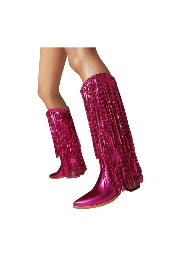 Cowboy Boots For Women Low Heel Sparkly Tassels Pointed Toe Knee High Western Cowgirl Booties
