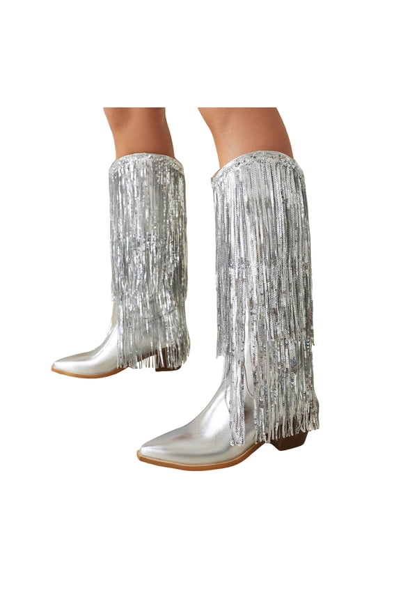 Cowboy Boots For Women Low Heel Sparkly Tassels Pointed Toe Knee High Western Cowgirl Booties
