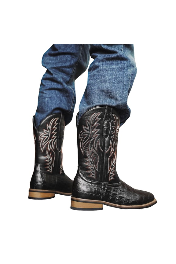Cowboy Boots for Men Classic Embroidered Wood Grain Slip On Pointed Toe Western Country Booties