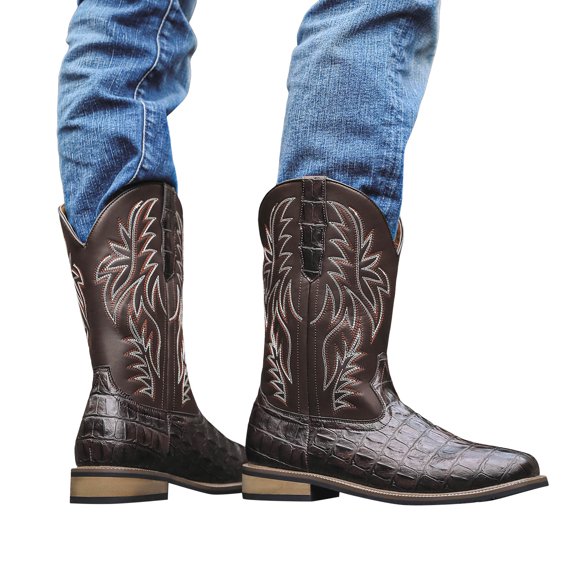 Chenyee Cowboy Boots for Men Classic Embroidered Wood Grain Slip On Pointed Toe Western Country Booties