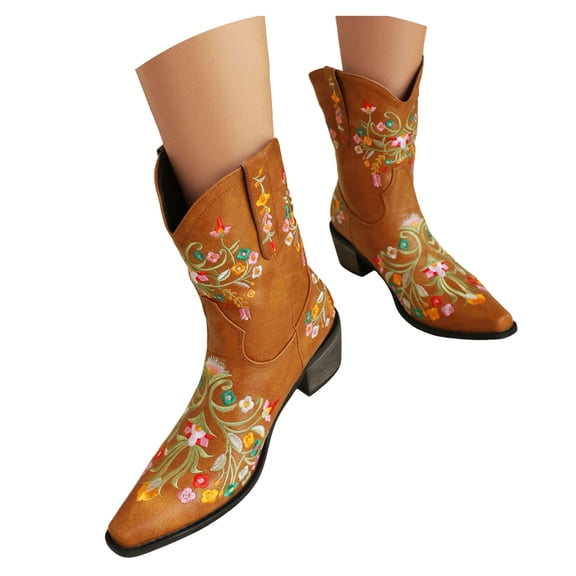 Chenyee Cowboy Boots for Women Embroidered Chunky Low Heels Pull On Wide Mid Calf Colorful Western Booties