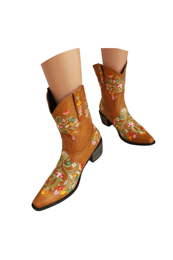 Cowboy Boots for Women Embroidered Chunky Low Heels Pull On Wide Mid Calf Colorful Western Booties