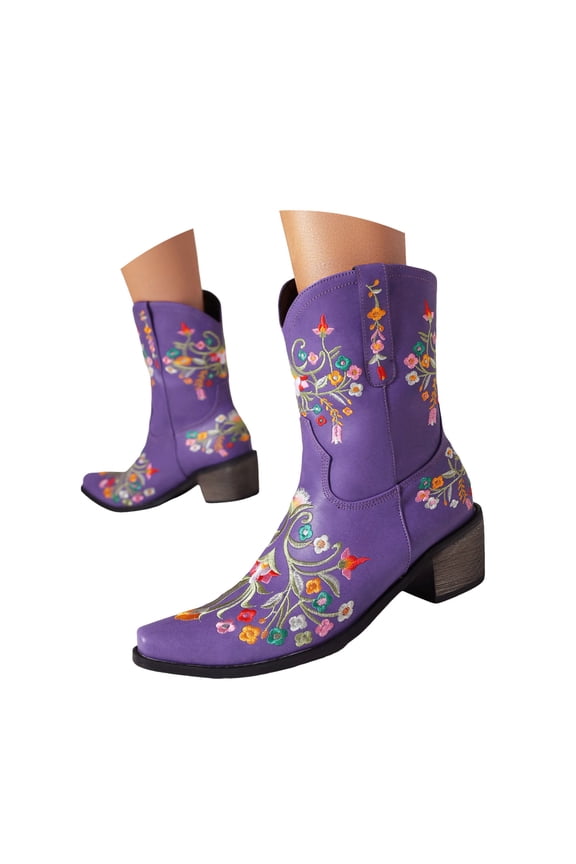 Cowboy Boots for Women Embroidered Chunky Low Heels Pull On Wide Mid Calf Colorful Western Booties