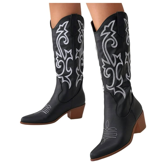 Chenyee Cowboy Boots for Women Embroidered Pull On Chunky Stacked Heel Knee High Western Booties