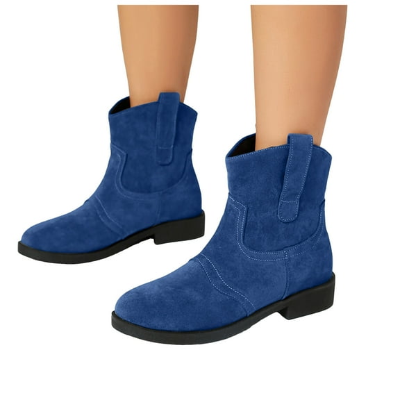Chenyee Cowboy Boots for Women Fashion Suede Low Chunky Heel Slip On Mid Wide Calf Booties