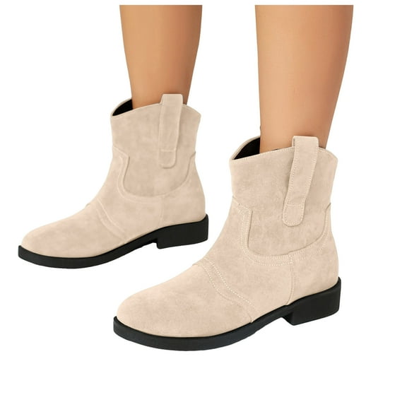 Chenyee Cowboy Boots for Women Fashion Suede Low Chunky Heel Slip On Mid Wide Calf Booties