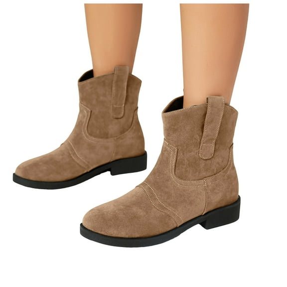 Chenyee Cowboy Boots for Women Fashion Suede Low Chunky Heel Slip On Mid Wide Calf Booties