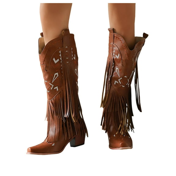 Chenyee Cowboy Boots for Women Fringe Pointed Toe Pull On Knee High Cowgirl Booties with Classic Embroidery