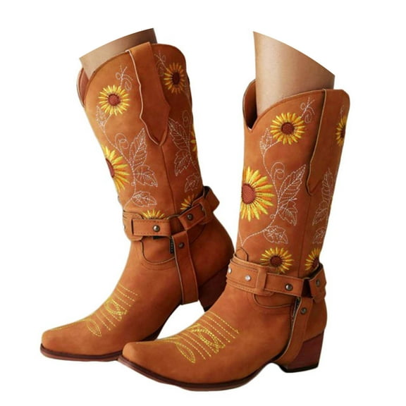 Chenyee Cowboy Boots for Women Mid Calf Embroidery Sunflower Pointed Toe Stitched Pull On Western Cowgirl Booties